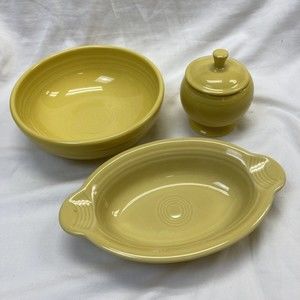 Fiesta ware HLC Yellow Bowl, oval Dish Sugar w Lid set Made in USA lot of 3 4pcs